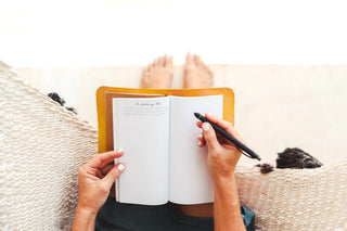 A yellow leather journal open to a journal prompt to write a letter to yourself.