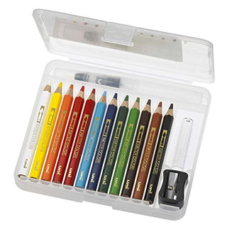 A travel-size watercolor pencil set including a brush that has a water reservoir.